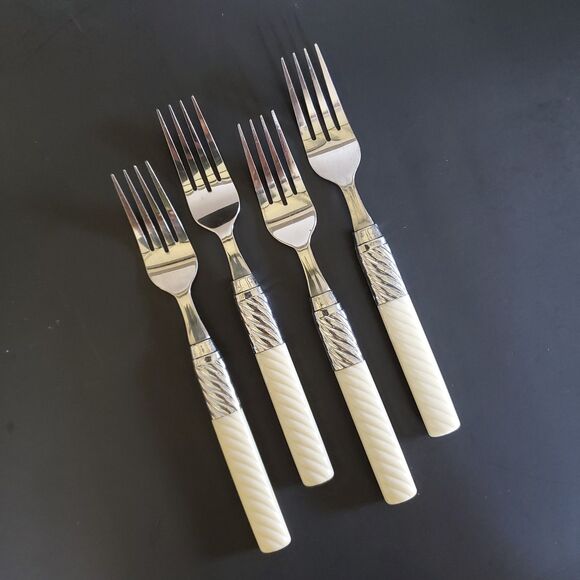 16ct Washington Forge Stainless Flatware Utensils White Plastic Swirl Handle Vtg - Picture 8 of 12